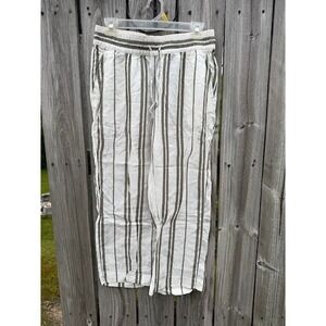 HM L.O.G.G. Women Green White Striped Linen Blend Drawstring Wide Leg Pants 4